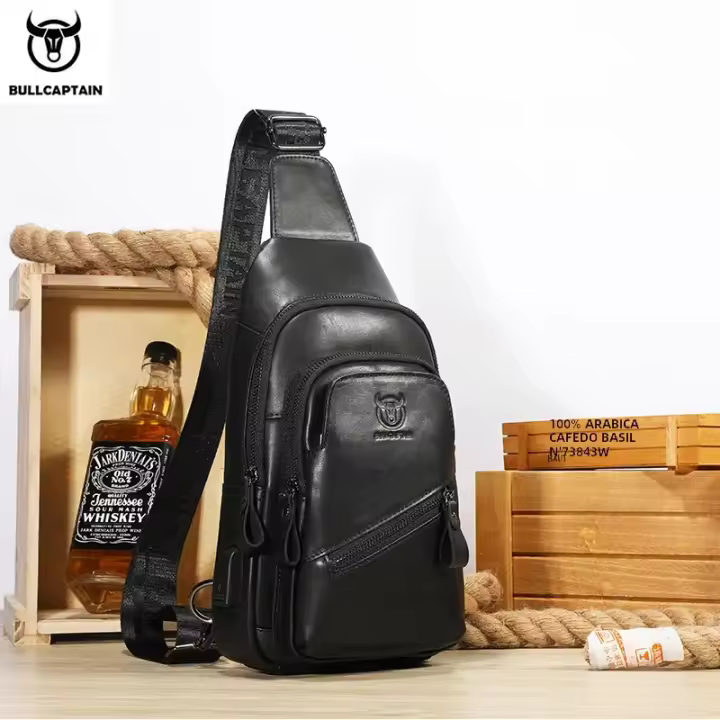 BULLCAPTAIN Bolsa De Pecho Para Hombre 2023 Cuero Genuino Gran Capacidad Casual Bolsa Mensajera Clásica Con Cierre De Cremallera - 1