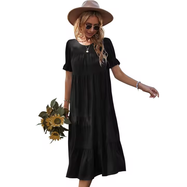 Vestido casual de color sólido para vacaciones, primavera y verano, cuello redondo, falda amplia - 1