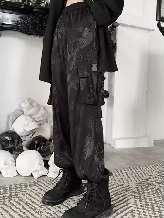 Pantalones Rectos Y Sueltos Para Mujer Estilo Retro Harajuku Con Estampado De Dragón Alta Cintura Goth Emo Alt Dark Grunge Talla S M L Color Negro - 1