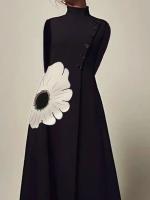 Vestido Midi De Noche Elegante Para Mujer Con Estampado De Flores Largo Manga Full Cuello Alto Negro Vestido A-Line Nueva Otoño 2024 - details 11