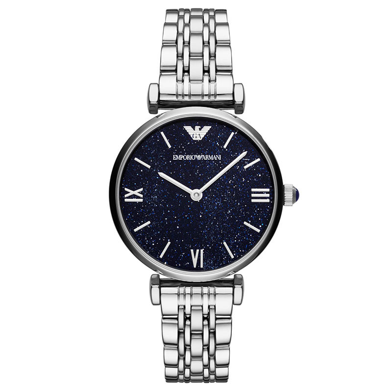 Emporio Armani Reloj mujer AR11091 Cronógrafo de Cuarzo, Esfera Azul, Correa de Acero Plateada, Resistente al agua 5 ATM,Diámetro: 32MM