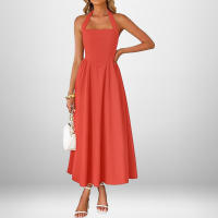 Vestido Largo Para Mujer Verano 2025 Elegante De Color Sólido Cuello Cuadrado Sin Mangas Cintura Ajustada Vestido De Noche Largo Espalda Descubierta Slim Fit Polyester - details 4