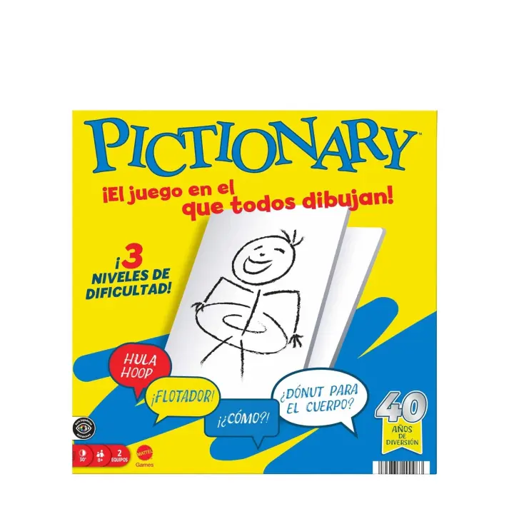 Mattel Games Pictionary Juego de mesa familiar para niños y niñas, adultos y noches de juego, para dos equipos con rotulador de tinta borrable, pizarras y reloj de arena, Versión Español (JDY00) - 1