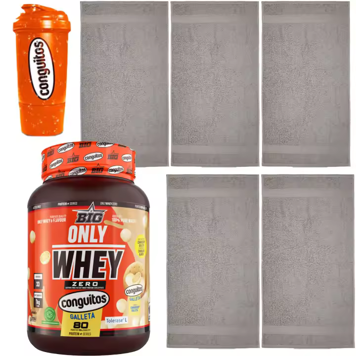 Conguitos Galleta White - Proteína de suero sin lactosa 1 kg + 5 Toallas 100%  algodón Topo 50x90 cm+Shaker 500ml - 1
