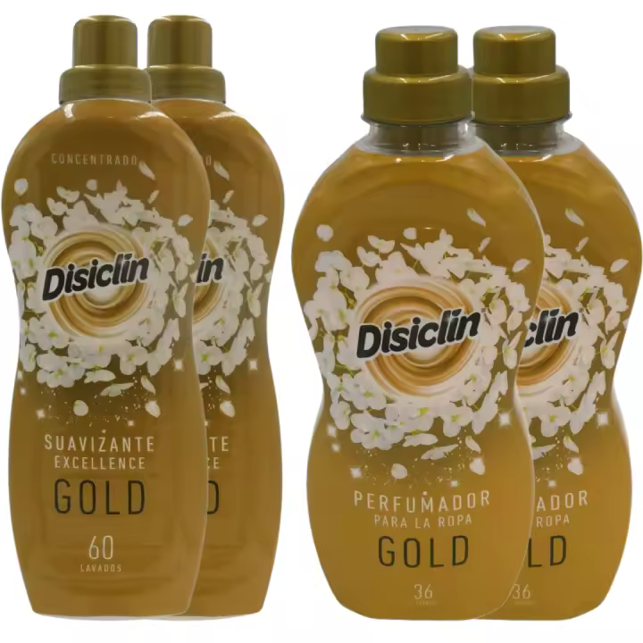 Pack Ahorro 4 Unidades – 2 Suavizantes de Ropa Disiclin Excellence Gold 1200ml + 2 Perfumadores Disiclin Gold 720ml. Frescura y Fragancia Premium para Cuidar tus Prendas y Aromatizar tu Hogar con Elegancia y Eficiencia - 1