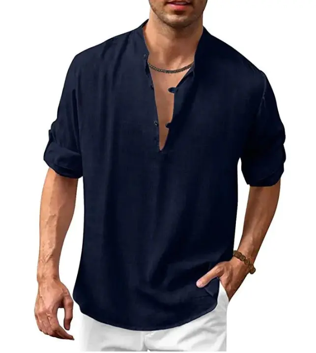 Linen Henley Shirt Stand Collar Long Sleeve Casual Beach Shirt - 1
