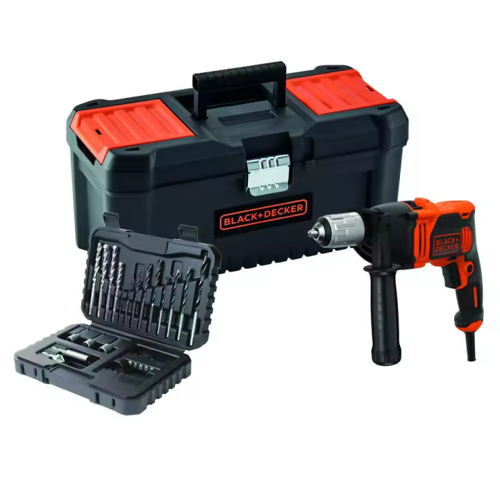 Black & Decker KIT: Taladro Percutor 850W, BEH850KA32-QS + 32 Accesorios, Empuñadura Lateral y Caja 16" | ¡Todo lo que Necesitas en un Solo Kit! - 1