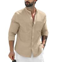 Camisa De Lino Para Hombre De Color Sólido Con Cuello Erguido Casual Cotton Manga Larga Botones Abiertos Estilo Beach - details 4