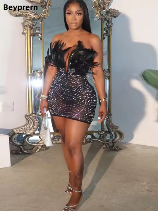 Beyprern Vestido De Noche De Perlas Y Rhinestones Para Mujer Vestido De Fiesta Con Pico De Pavo Y Diamantes Elegante Y Sexy Para Cumpleaños Y Clubwear - 1