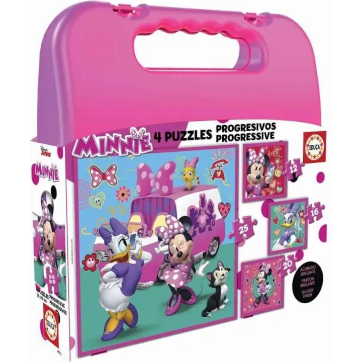 Maleta Puzzles Progresivos Minnie Ayudantes Felices 12+16+20+25 de Educa - 1