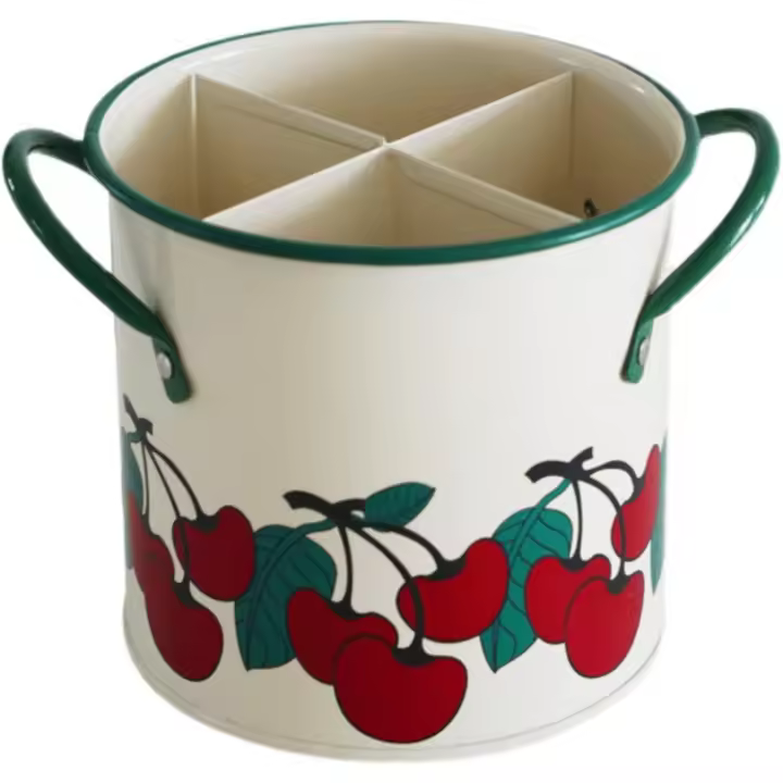 Soporte para utensilios de cocina, organizador de cubiertos de metal con 4 compartimentos, pintado en cerezo retro. - 1