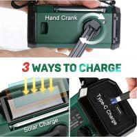 10000mAh emergency radio, solar powered radio, hand crank radio, NOAA AM/FM weather radio, 3 charging methods, polymer battery, flashlight and reading light, SOS siren, cell phone charger in emergency - details 1