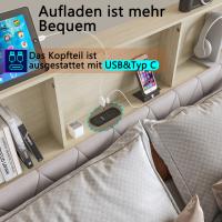 Cama tapizada de terciopelo beige 140x200 160x200 180x200 cm con cabecero de almacenamiento LED, puertos USB y Type-C, 4 cajones de gran capacidad, estructura metálica reforzada, sin colchón - details 0