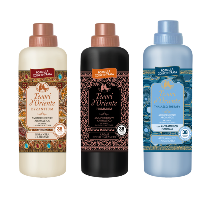 Tesori d'oriente suavizantes orientales arabes para la ropa pack de 3. Rosa Negra y Ládano, Aceite de argán y flor de naranja, Tsubaki y Peony japonés, GRANADA y TÉ ROJO, Agua de Fiji y algas rojas. Aromas orientales, aromas arabes, ropa suave y esponjosa