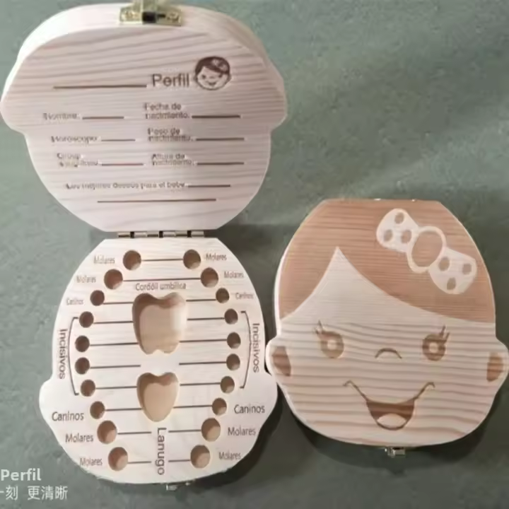 Caja De Dientes De Bebé De Madera Organizador De Almacenamiento Para Niños Y Niñas Recuerdo De Cumpleaños Regalo En Español E Inglés - 1