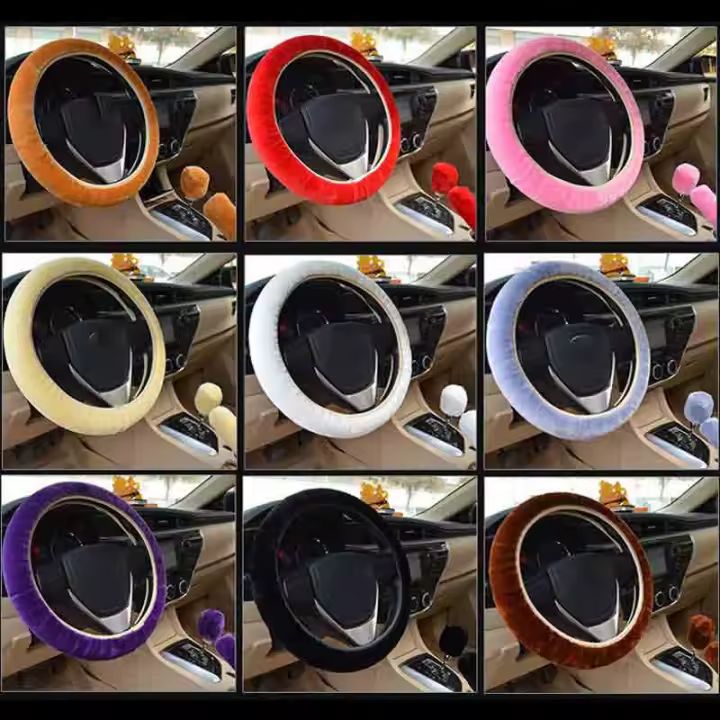 Juego De 3 Piezas Funda Para Volante De Coche De Piel Sintética Gruesa Y Suave Tamaño Ajustable Para Diámetro De 38cm Decoración De Lana Para Automóvil - 1