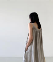 Vestido Largo De Hombros Descubiertos Sin Mangas Para Mujer REALEFT Verano Algodón Y Lino Nuevo Vintage Cuello Redondo Midi - details 6