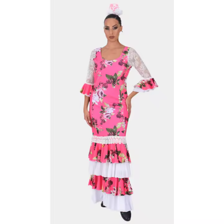 Vestido Flamenco Rosa Floral con Mangas de Encaje Blanco y Volantes Bicolores - 1