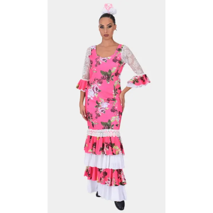 Vestido Flamenco Rosa Floral con Mangas de Encaje Blanco y Volantes Bicolores - 1