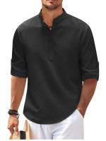 Camisa Larga Para Hombre Estilo Europeo Y Americano Cuello Erguido Botones Parcialmente Abiertos Casual Pirul Plaid Otoño - details 8