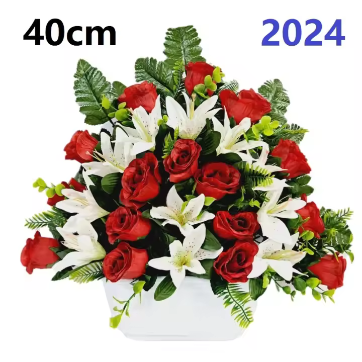 Centro de Flores para Cementerio - Ramos de Flores para Todos los Santos - Flores Artificiales de Tela - Ancho 40cm - Alto 40cm - 1