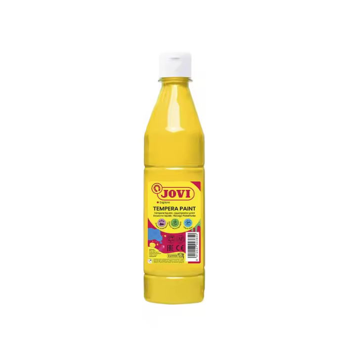 Jovi tempera liquida botella 500ml - base agua - lista para usar - secado rápido - excelente fluidez - adherencia en múltiples superficies - colores disponibles: amarillo, azul cyan, negro, blanco, carne, rojo, verde y naranja - 1