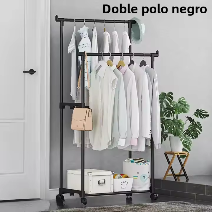 Rack De Ropa Doble With Gancho Organizador De Ropa Para Dormitorio Móvil With RuedasEstante De Ropa Metálico Moderno Para El Hogar - 1