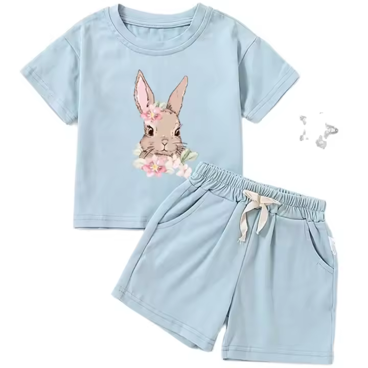 Conjunto De Verano Para Niños Y Niñas Con Estampado De Conejo Ropa Infantil De Algodón Puro Cómodo Casual O-Neck Cierre Sobrepuesto - 1