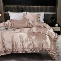 Set De Edredón Satinado 3PCS Colores Blanco Khaki Y Rosa Seda Suave Con Volantes Estilo Moderno Para Cama Conjunto De Ropa De Cama - details 33
