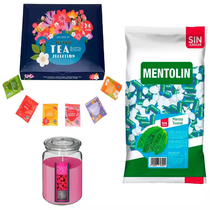 Pack bienestar: MENTOLIN MENTA SUAVE S/A BOLSA 1KG + Vela perfumada de frambuesa + Set de Te con 24 bolsitas con diferentes sabores y aromas - 1