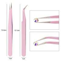 Juego De 2 Piezas De Acrílico Rosa Para Arte De Uñas Y Extensión De Pestañas Pinzas De Acero Inoxidable Rectas Y Curvas Para Dibujar Y Recoger - details 3