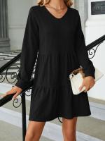 Vestido Largo Suelto Para Mujer Con Manga Larga Y Costuras En Color Sólido Moda Europea Y Americana Para Otoño E Invierno Cuello V Estilo Casual - details 2