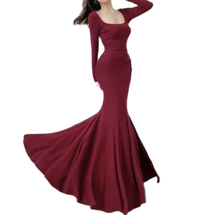 Vestido Midi Elegante De Mujer plus Size Con Cuello Cuadrado Y Manga Larga De Lujo Para Fiesta Y Danza 300 Libras Decoración Sencilla