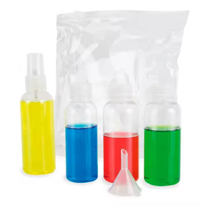 ADRI. Neceser Transparente de Viaje para avión con 4 Botes PVC de 2 de 70 ml + 1 de 80 ml con vaporizador+ 1 de 50 ml + Embudo, Kit de Botellas para Avión - 1