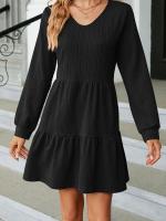 Vestido Largo Suelto Para Mujer Con Manga Larga Y Costuras En Color Sólido Moda Europea Y Americana Para Otoño E Invierno Cuello V Estilo Casual - details 0