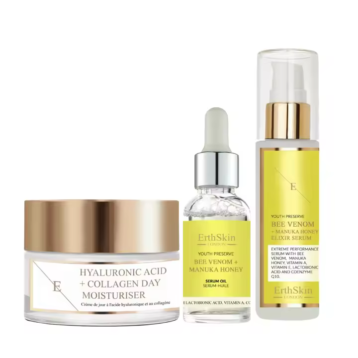 ErthSkin London Crema de día con ácido hialurónico y colágeno (50 ml) + Sérum elixir de veneno de abeja y miel de Manuka (60 ml) + Aceite sérum de veneno de abeja y miel de Manuka (30 ml) - 1