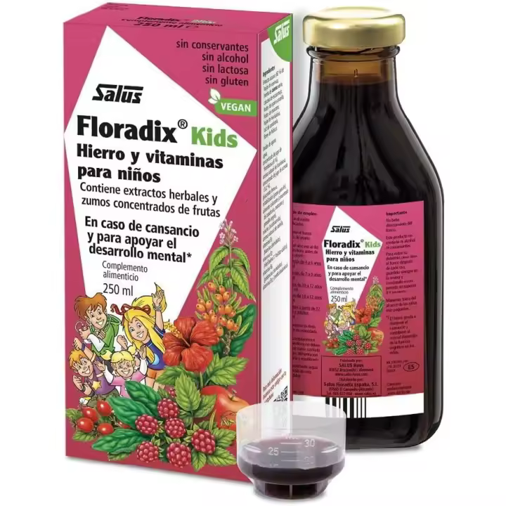 Suplemento de Hierro Salus Floradix para Niños - 250 ml - Reduce Cansancio y Fatiga - Hierro y Vitaminas B1, B2, B6, B12 y C - Apoyo al Desarrollo Mental y Función Cognitiva - 1