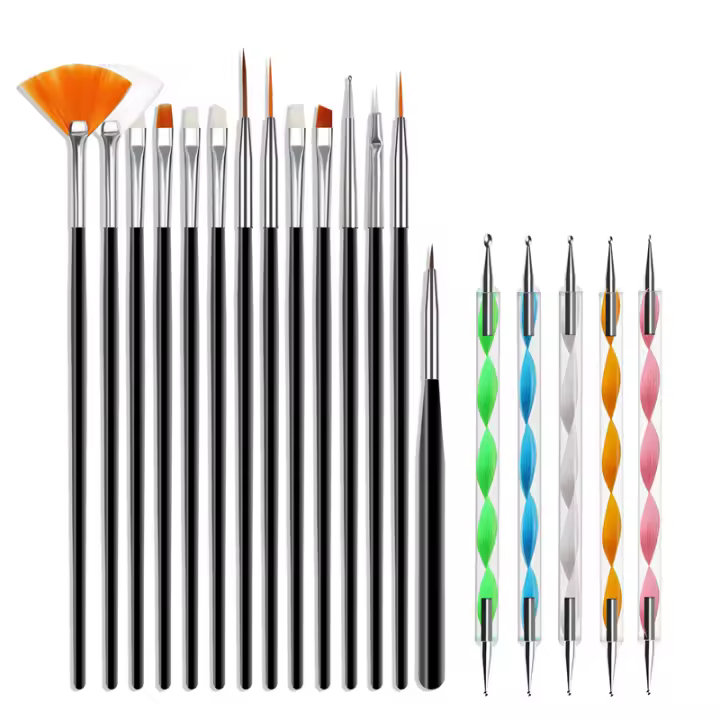 20 Pcs Pinceles Para Uñas,15 Pinceles y 5 Punzones Incluidos,Para Uñas De Gel Para Diseño De Uñas,Para Pinceles,Detalles,Pintura,Mezcla,Líneas Alargadas - 1