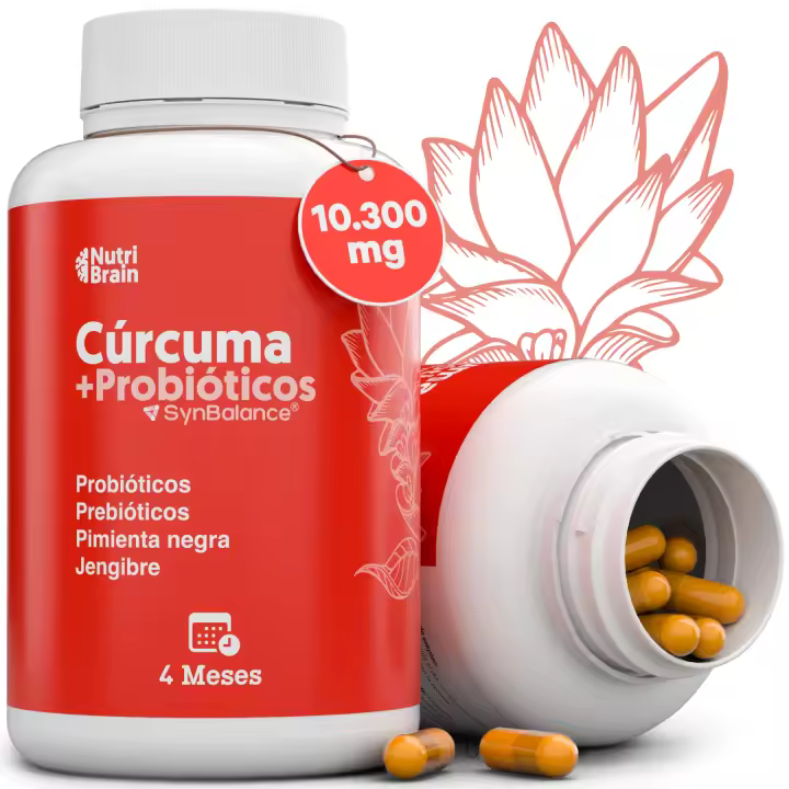 Cúrcuma con PROBIÓTICOS y PREBIÓTICOS | Muy Alta Concentración (>95%) | 10300 mg | Antiinflamatorio para Bienestar Articular, Muscular, Óseo y Digestivo | 125 días | Solo 1 cap/día | NUTRIBRAIN - 1