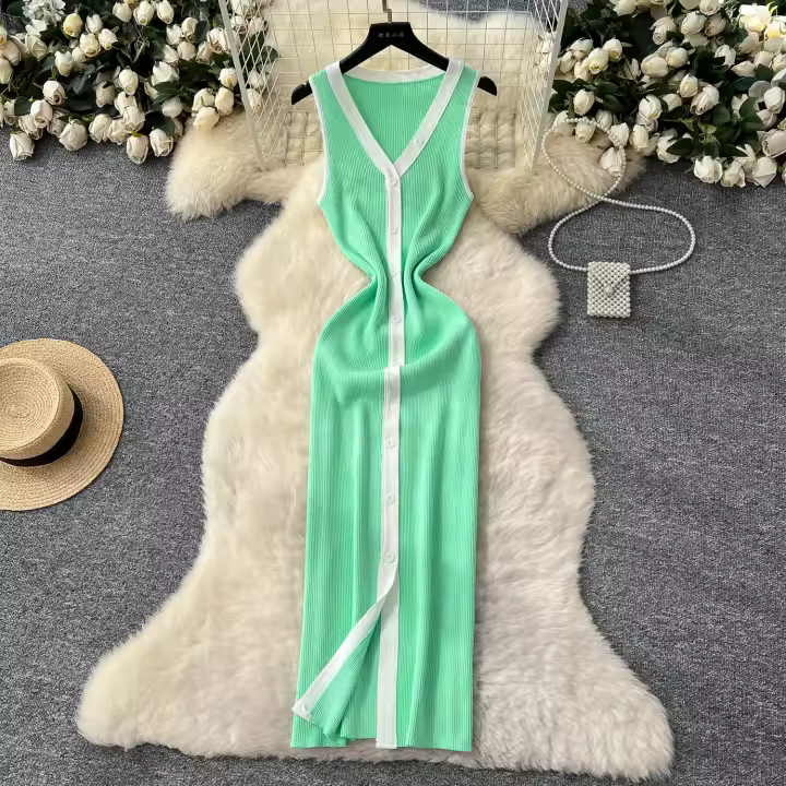 Vestido Largo Sin Mangas De Verano Para Mujer REALEFT V-neck Cintura Imperio Slim Alineado Hasta La Cintura De Poliéster - 1