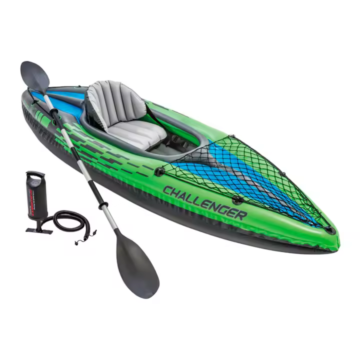INTEX - Kayak hinchable Challenger K1 o K2, para 1 o 2 personas, con accesorios, remo e hinchador, asiento, respaldo y suelo hinchables, red de sujeción, red porta objetos, diseño verde y negro, con bolsa transporte, kayaks hinchables - 1