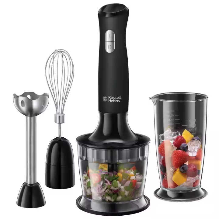Russell Hobbs Batidora de mano 3 en 1 Matte Black 24702-56 - 500 W, 12000 rpm, 2 velocidades, función Pulse, incluye: pie de batidora de acero inox con cuchillas de acero inox, vaso de 0,5 l, accesorio para picar 0,5 l, varillas. - 1
