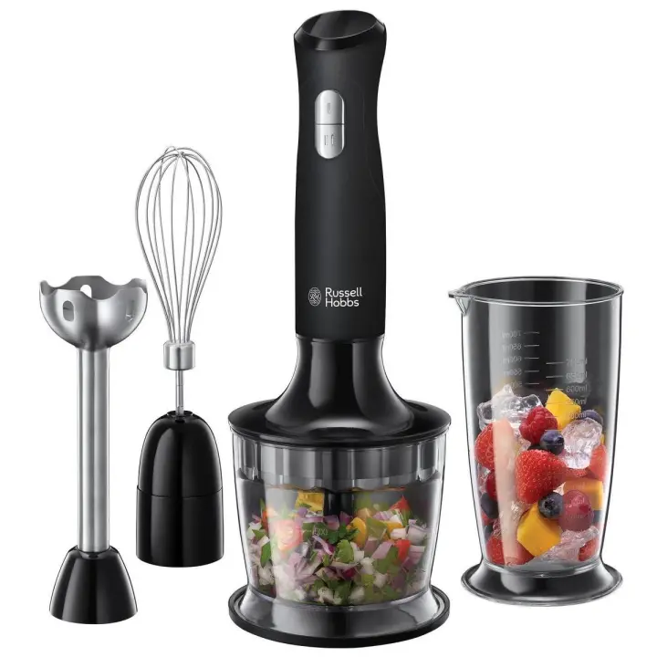 Russell Hobbs Batidora de mano 3 en 1 Matte Black 24702-56 - 500 W, 12000 rpm, 2 velocidades, función Pulse, incluye: pie de batidora de acero inox con cuchillas de acero inox, vaso de 0,5 l, accesorio para picar 0,5 l, varillas. - 1