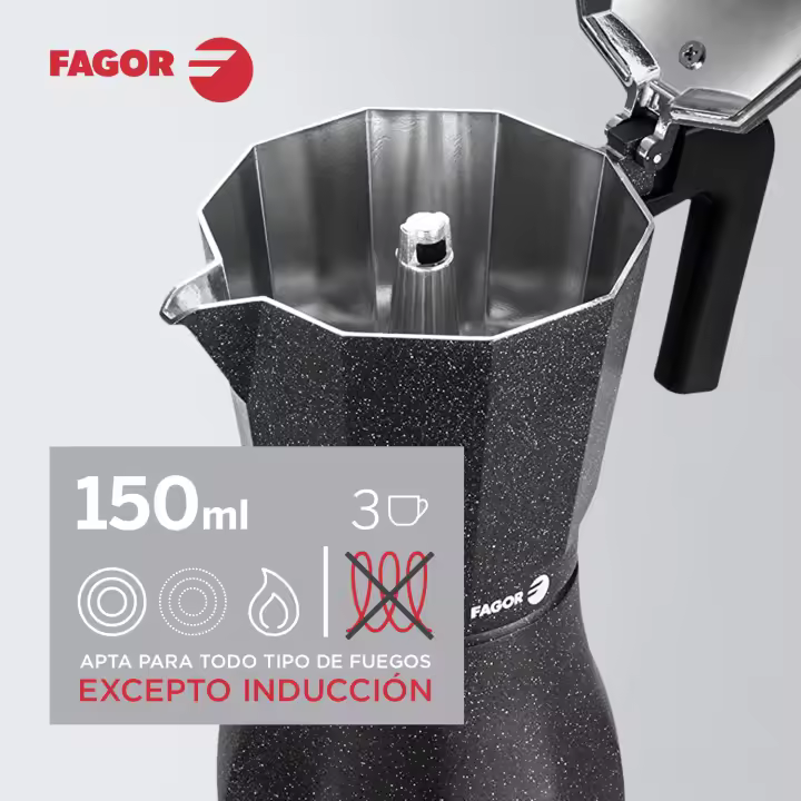Fagor Tiramisu - Cafetera Italiana de Aluminio Extra-Grueso, NO APTA PARA INDUCCIÓN, Pomo y Mangos Ergonómicos con Toque Frío, Café, Moka - 1