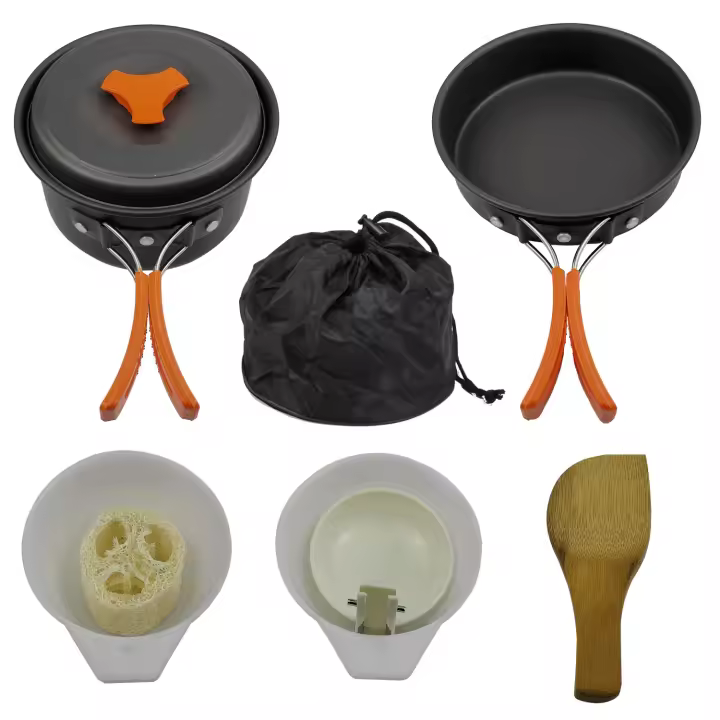 Juego de utensilios de cocina para acampar, juego de cocina para acampar, juego de herramientas y sartenes para acampar para Viajes de mochilero, equipo y accesorios Esenciales portátiles para acampar - 1