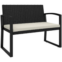 Outsunny Banco de Jardín de Ratán Sintético de 2 Plazas Banco de Exterior con Cojín y Reposabrazos Carga 240 kg para Terraza Patio 103x58x78 cm Negro y Beige - details 0