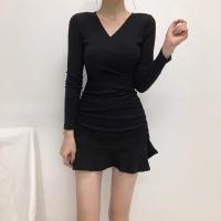 Vestido Mini Elegante De Mujer En Negro Con Cuello V Manga Larga Volantes Y Ajustado Estilo Y2k Para Otoño Ropa Moda - details 8