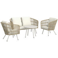Outsunny Conjunto de Jardín Exterior de Ratán Sintético de 4 Piezas Muebles de Jardín Exterior con Sofá de 2 Plazas 2 Sillones 1 Mesa de Centro de Metal con Cojines Crema y Natural - details 0