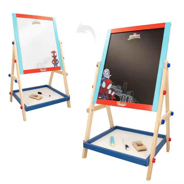 WOOMAX - Spidey y su superequipo pizarra caballete infantil 2 en 1, juguetes para niños, doble cara, blanca y negra, todo en uno, con tizas, borrador, rotulador, regalos para niños y niñas, +4 años - 1