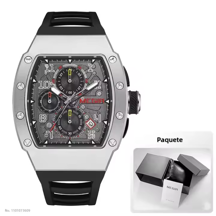 Reloj De Cuarzo Para Hombre MEGIR De Acero Inoxidable 316 Con Correa De Silicona Resistente Al Agua Y Luminosa Cronógrafo Con Fecha Automática - 1
